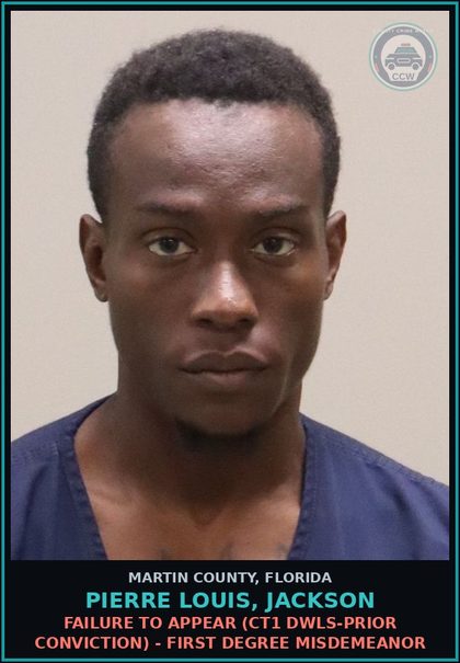 CCW arrest card for PIERRE LOUIS, JACKSON in Martin County: FAILURE TO APPEAR (CT1 DWLS-PRIOR CONVICTION) - First Degree Misdemeanor