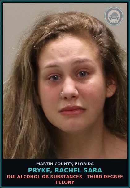 CCW arrest card for PRYKE, RACHEL SARA in Martin County: DUI ALCOHOL OR DRUGS - Third Degree Felony