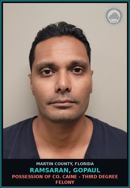 CCW arrest card for RAMSARAN, GOPAUL in Martin County: POSSESSION OF COCAINE - Third Degree Felony