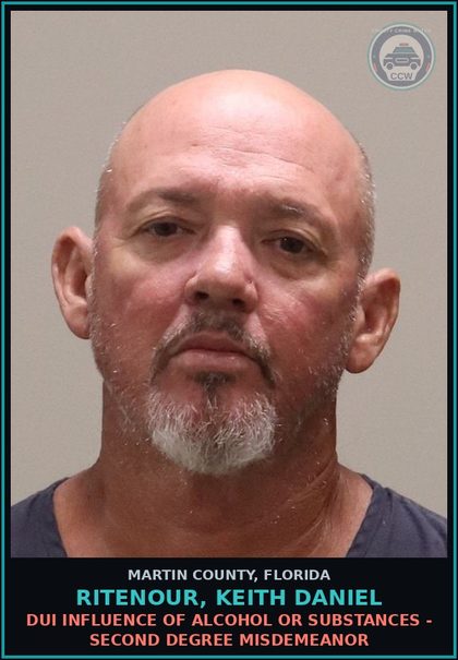 CCW arrest card for RITENOUR, KEITH DANIEL in Martin County: DUI INFLUENCE OF ALCOHOL OR DRUGS - Second Degree Misdemeanor