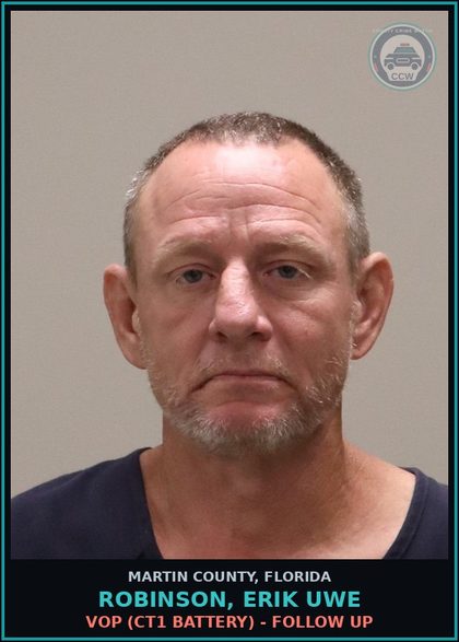 CCW arrest card for ROBINSON, ERIK UWE in Martin County: VOP (CT1 BATTERY) - Follow up