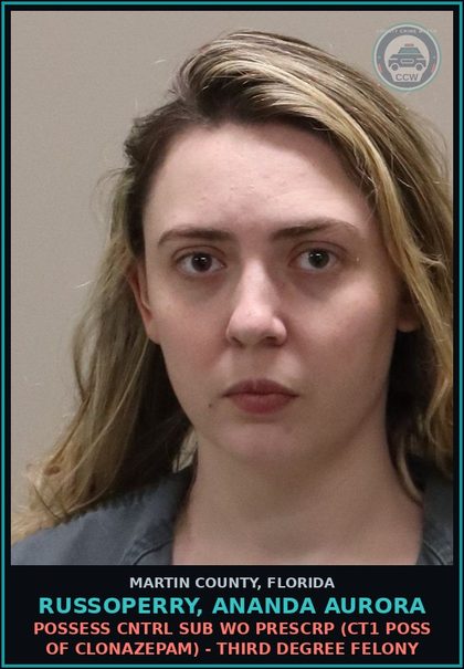 CCW arrest card for RUSSOPERRY, ANANDA AURORA in Martin County: POSSESSION AND OR USE DRUG PARAPHERNALIA - First Degree Misdemeanor