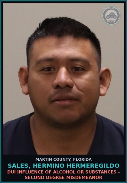 CCW arrest card for SALES, HERMINO HERMEREGILDO in Martin County: DUI INFLUENCE OF ALCOHOL OR DRUGS - Second Degree Misdemeanor
