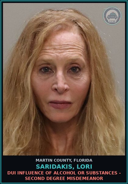 CCW arrest card for SARIDAKIS, LORI in Martin County: DUI INFLUENCE OF ALCOHOL OR DRUGS - Second Degree Misdemeanor