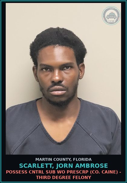 CCW arrest card for SCARLETT, JORN AMBROSE in Martin County: POSSESS CNTRL SUB WO PRESCRIPTION (COCAINE) - Third Degree Felony