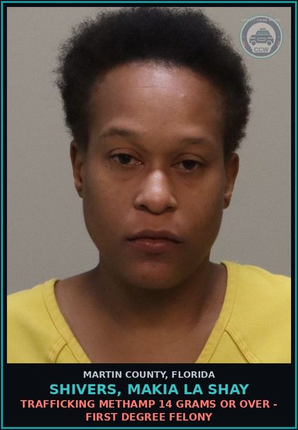 CCW arrest card for Shivers, Makia La Shay in Martin County: TRAFFICKING Methamp 14 GRAMS OR OVER - First Degree Felony