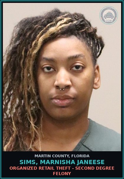 CCW arrest card for SIMS, MARNISHA JANEESE in Martin County: ORGANIZED RETAIL THEFT - Second Degree Felony