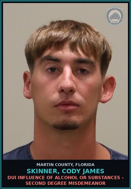 CCW arrest card for SKINNER, CODY JAMES in Martin County: DUI INFLUENCE OF ALCOHOL OR DRUGS - Second Degree Misdemeanor