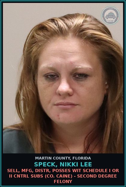 CCW arrest card for SPECK, NIKKI LEE in Martin County: SELL, MFG, DISTR, POSSES WIT SCHEDULE I OR II CNTRL SUBS (COCAINE) - Second Degree Felony