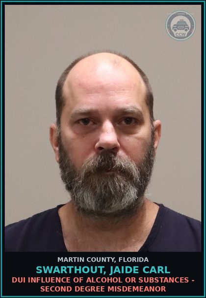CCW arrest card for SWARTHOUT, JAIDE CARL in Martin County: DUI INFLUENCE OF ALCOHOL OR DRUGS - Second Degree Misdemeanor