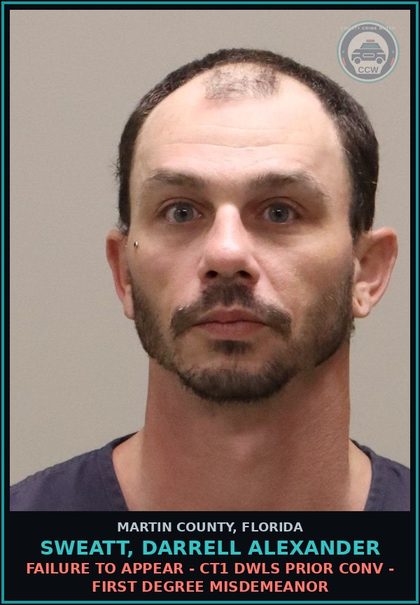 CCW arrest card for SWEATT, DARRELL ALEXANDER in Martin County: FAILURE TO APPEAR - CT1 DWLS PRIOR CONV - First Degree Misdemeanor