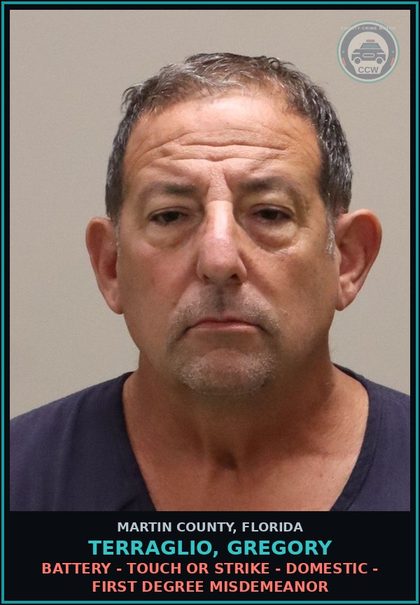 CCW arrest card for TERRAGLIO, GREGORY in Martin County: BATTERY - TOUCH OR STRIKE - DOMESTIC - First Degree Misdemeanor