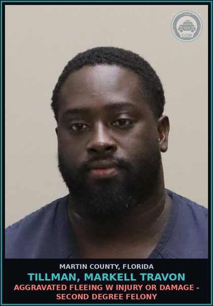 CCW arrest card for TILLMAN, MARKELL TRAVON in Martin County: FLEE ELUDE LEO WITH LIGHTS SIREN ACTIVE - Third Degree Felony