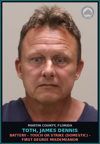 CCW arrest card for TOTH, JAMES DENNIS in Martin County: BATTERY - TOUCH OR STRIKE (DOMESTIC) - First Degree Misdemeanor