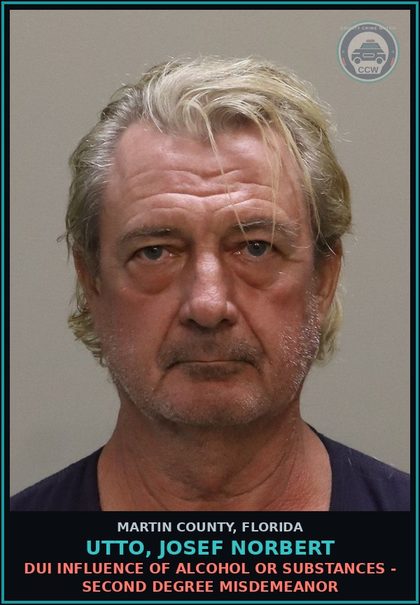 CCW arrest card for UTTO, JOSEF NORBERT in Martin County: DUI INFLUENCE OF ALCOHOL OR DRUGS - Second Degree Misdemeanor
