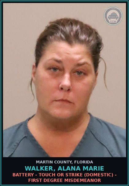 CCW arrest card for WALKER, ALANA MARIE in Martin County: BATTERY - TOUCH OR STRIKE (DOMESTIC) - First Degree Misdemeanor