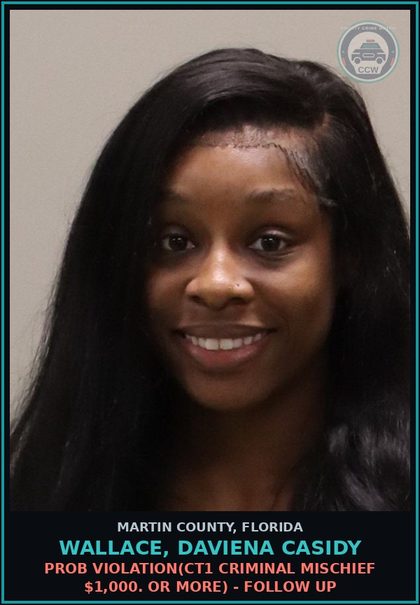 CCW arrest card for WALLACE, DAVIENA CASIDY in Martin County: PROB VIOLATION(CT1 CRIMINAL MISCHIEF $1,000. OR MORE) - Follow up