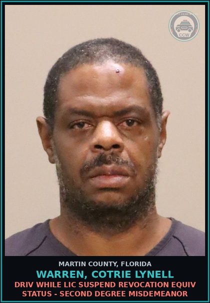 CCW arrest card for Warren, Cotrie lynell in Martin County: DRIV WHILE LIC SUSPEND REVOCATION EQUIV STATUS - Second Degree Misdemeanor