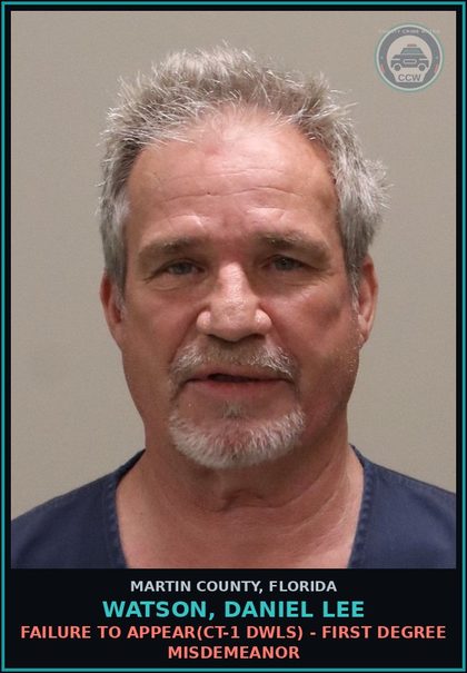 CCW arrest card for WATSON, DANIEL LEE in Martin County: FAILURE TO APPEAR(CT-1 DWLS) - First Degree Misdemeanor