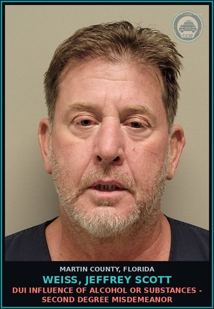 CCW arrest card for WEISS, JEFFREY SCOTT in Martin County: DUI INFLUENCE OF ALCOHOL OR DRUGS - Second Degree Misdemeanor
