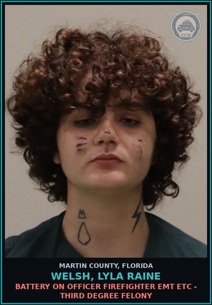 CCW arrest card for WELSH, LYLA RAINE in Martin County: BATTERY ON OFFICER FIREFIGHTER EMT ETC - Third Degree Felony