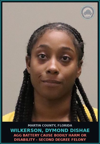 CCW arrest card for WILKERSON, DYMOND DISHAE in Martin County: AGG BATTERY CAUSE BODILY HARM OR DISABILITY - Second Degree Felony