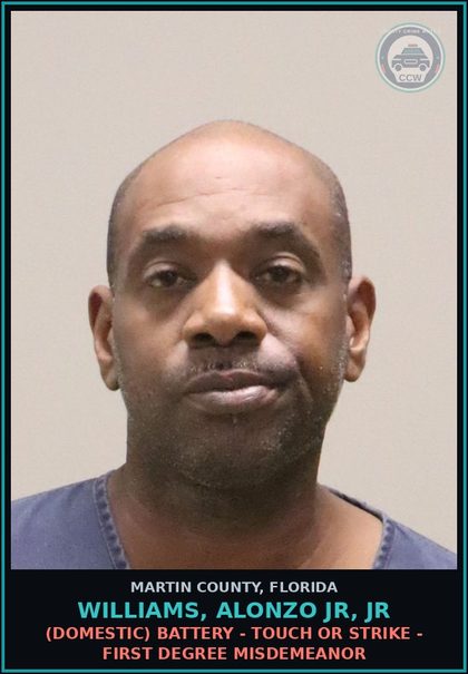 CCW arrest card for WILLIAMS, ALONZO JR, Jr in Martin County: (DOMESTIC) BATTERY - TOUCH OR STRIKE - First Degree Misdemeanor