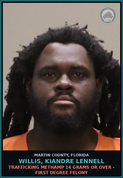 CCW arrest card for WILLIS, KIANDRE LENNELL in Martin County: TRAFFICKING Methamp 14 GRAMS OR OVER - First Degree Felony