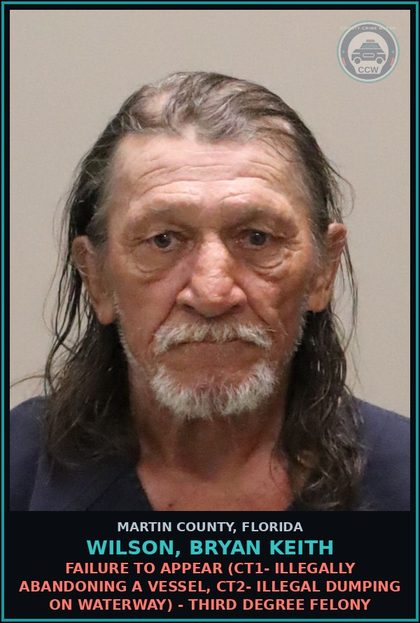 CCW arrest card for WILSON, BRYAN KEITH in Martin County: FAILURE TO APPEAR (CT1- ILLEGALLY ABANDONING A VESSEL, CT2- ILLEGAL DUMPING ON WATERWAY) - Third Degree Felony