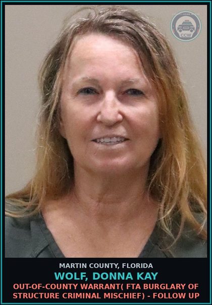 CCW arrest card for WOLF, DONNA KAY in Martin County: DRIV WHILE LIC SUSPEND REVOCATION EQUIV STATUS - Second Degree Misdemeanor