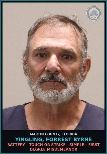 CCW arrest card for YINGLING, FORREST BYRNE in Martin County: BATTERY - TOUCH OR STRIKE - SIMPLE - First Degree Misdemeanor