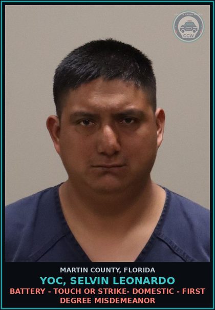 CCW arrest card for YOC, SELVIN Leonardo in Martin County: BATTERY - TOUCH OR STRIKE- DOMESTIC - First Degree Misdemeanor