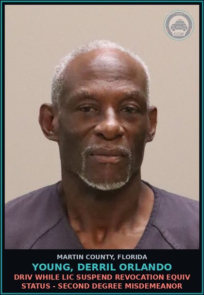 CCW arrest card for YOUNG, DERRIL ORLANDO in Martin County: DRIV WHILE LIC SUSPEND REVOCATION EQUIV STATUS - Second Degree Misdemeanor