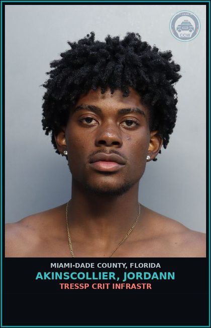 CCW arrest card for AKINSCOLLIER, JORDANN in Miami-Dade County: TRESSP CRIT INFRASTR