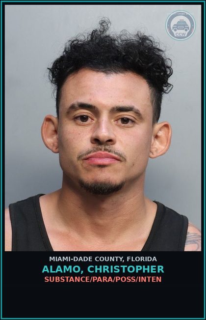 CCW arrest card for ALAMO, CHRISTOPHER in Miami-Dade County: DRUG/PARA/POSS/INTEN