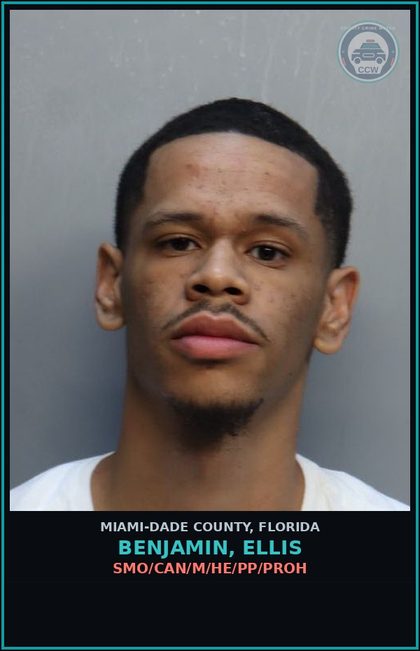 CCW arrest card for BENJAMIN, ELLIS in Miami-Dade County: SMO/CAN/M/HE/PP/PROH