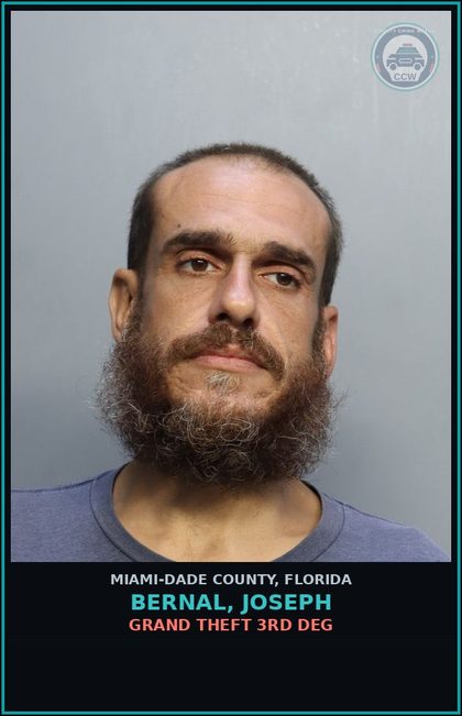 CCW arrest card for BERNAL, JOSEPH in Miami-Dade County: GRAND THEFT 3RD DEG