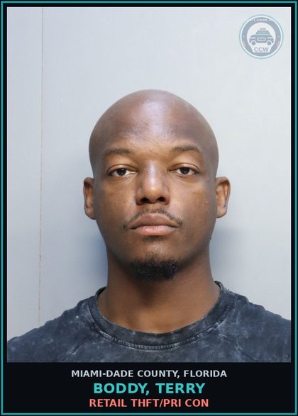 CCW arrest card for BODDY, TERRY in Miami-Dade County: RETAIL THFT/PRI CON