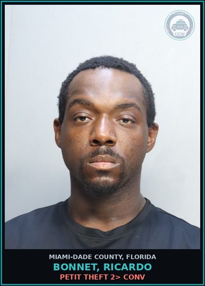 CCW arrest card for BONNET, RICARDO in Miami-Dade County: PETIT THEFT 2> CONV
