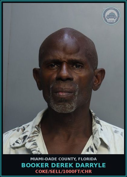 CCW arrest card for BOOKER DEREK  DARRYLE in Miami-Dade County: COKE/SELL/1000FT/CHR