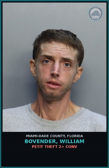 CCW arrest card for BOVENDER, WILLIAM in Miami-Dade County: PETIT THEFT 2> CONV