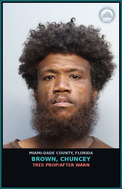CCW arrest card for BROWN, CHUNCEY in Miami-Dade County: TRES PROP/AFTER WARN