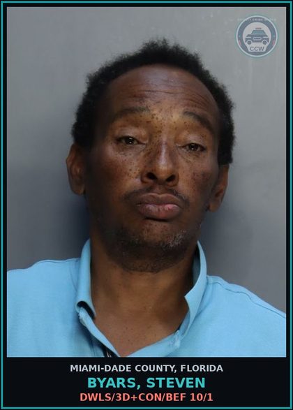 CCW arrest card for BYARS, STEVEN in Miami-Dade County: DWLS/3D+CON/BEF 10/1