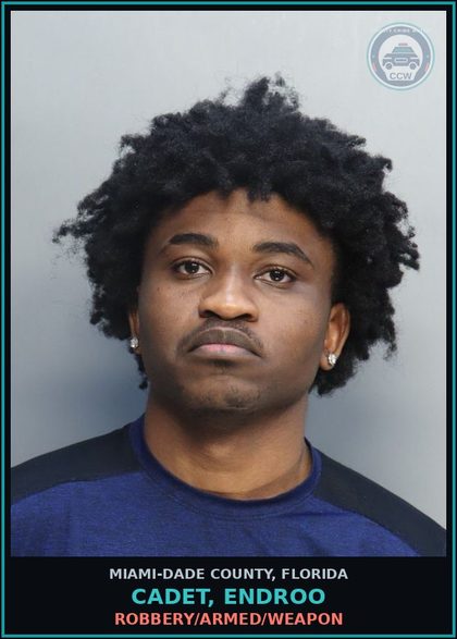 CCW arrest card for CADET, ENDROO in Miami-Dade County: ROBBERY/ARMED/WEAPON