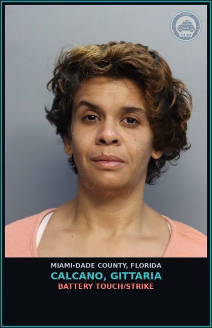 CCW arrest card for CALCANO, GITTARIA in Miami-Dade County: BATTERY TOUCH/STRIKE