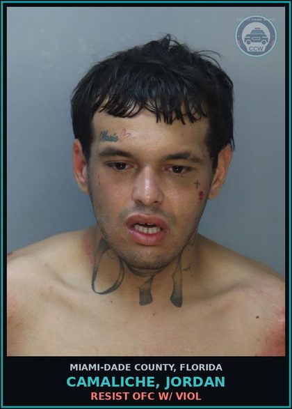 CCW arrest card for CAMALICHE, JORDAN in Miami-Dade County: BTRY/FIRE/COR