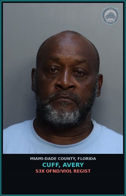 CCW arrest card for CUFF, AVERY in Miami-Dade County: s3x OFND/VIOL REGIST