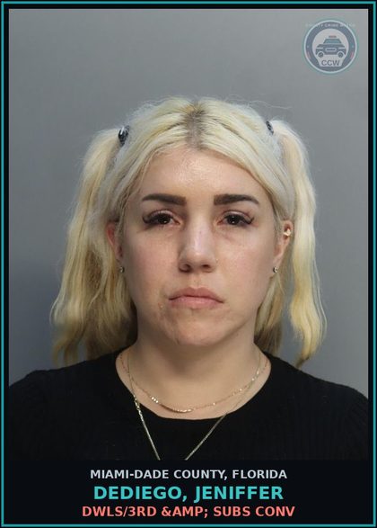 CCW arrest card for DEDIEGO, JENIFFER in Miami-Dade County: DWLS/3RD &amp; SUBS CONV