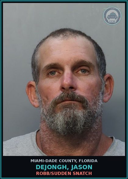 CCW arrest card for DEJONGH, JASON in Miami-Dade County: ROBB/SUDDEN SNATCH