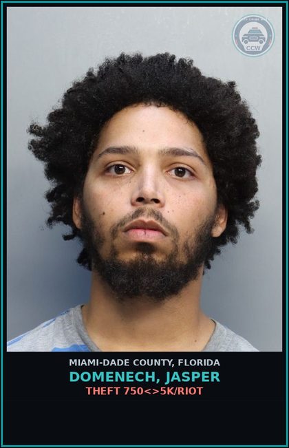CCW arrest card for DOMENECH, JASPER in Miami-Dade County: THEFT 750<>5K/RIOT